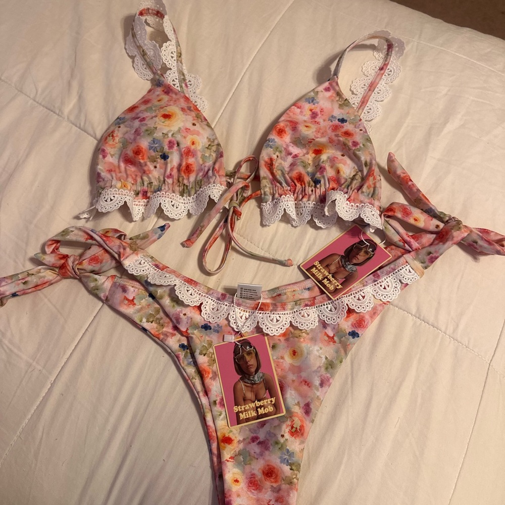 Strawberry Milk Mob Pink and White Floral Bikini